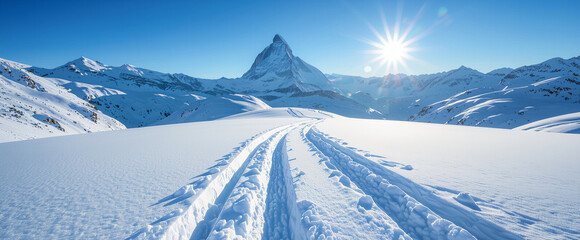 Majestic Matterhorn View with Fresh Ski Tracks and Bright Sun for Winter Travel Advertising and Sports Brochures