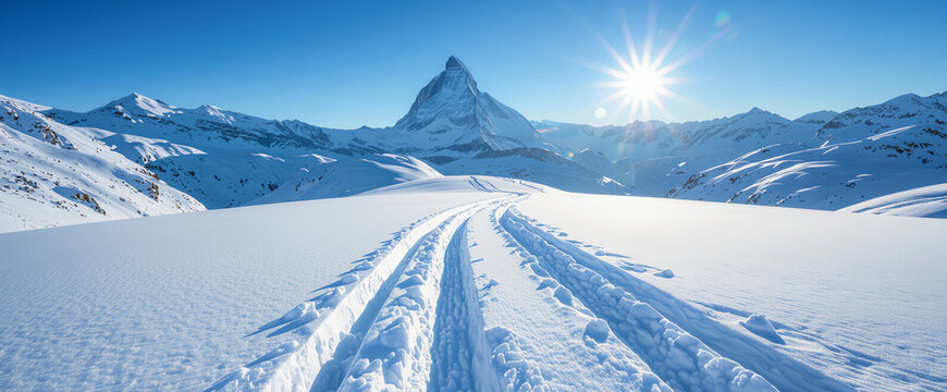 Majestic Matterhorn View with Fresh Ski Tracks and Bright Sun for Winter Travel Advertising and Sports Brochures
