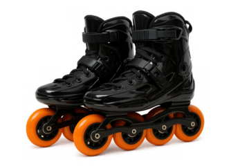 Pair of black aggressive inline skates with bright orange wheels, ready for action and urban recreation, transparent background