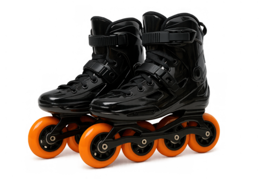 Pair of black aggressive inline skates with bright orange wheels, ready for action and urban recreation, transparent background