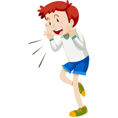 Young Boy With Red Hair and White Shirt Blue Shorts Shouting Loudly With Open Mouth Hands Cupped Around Mouth On Transparent Background