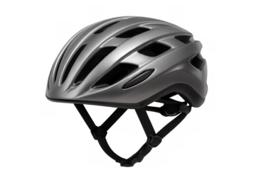 Silver bicycle helmet for cycling sports, ensuring head protection and safety in outdoor activities on transparent background