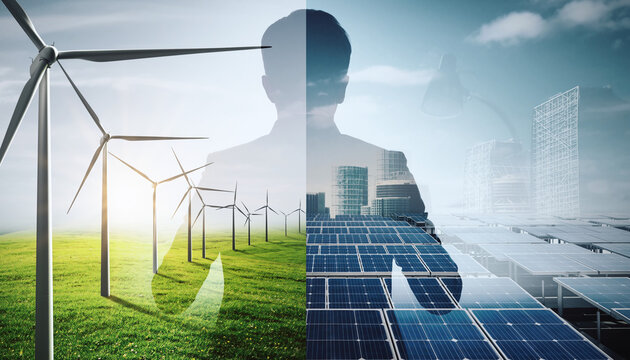 Visionary leader embraces sustainable future, blending renewable energy with urban development for global progress