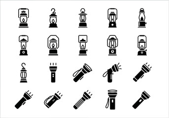 Set of black glyph icons for camping lanterns and handheld flashlights. Equipment for hiking and emergencies © John