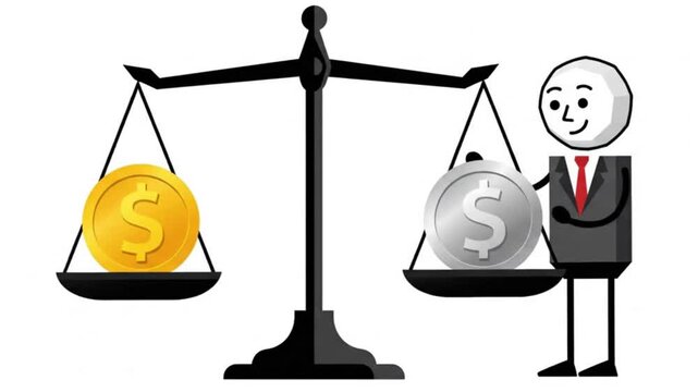 Businessman balancing gold and silver dollar coins on a scale, representing financial value and investment comparison.