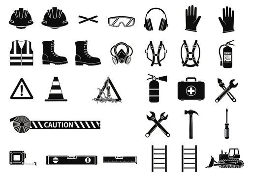 A comprehensive icon set of construction site safety equipment and personal protective gear. Simple black vector symbols for industrial use