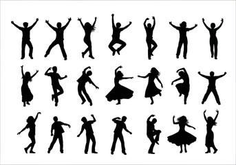 Collection of black silhouettes of people jumping and dancing with joy. Vector illustration set of happy figures in motion