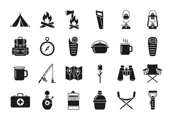 Black silhouette icon set for camping, hiking, and outdoor recreation. Vector glyph collection of essential travel and survival equipment