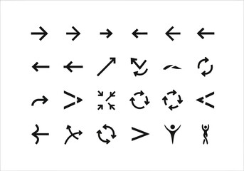 A simple collection of black line art icons featuring various arrows and abstract human figures, a universal vector symbol set