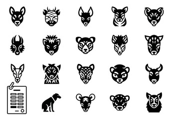Vector icon set featuring various stylized animal heads. A monochrome collection of wildlife and mammal glyphs perfect for logos and branding, part of collection 61