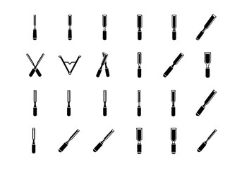 Obraz premium Vector icon set of various chisel types for woodworking. A collection of black and white glyphs for carpentry and craft design