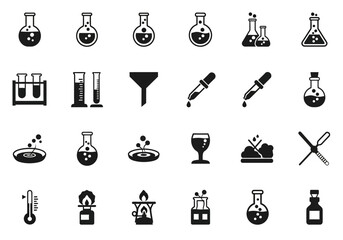 Simple solid glyph icons set for chemistry and scientific laboratory experiments