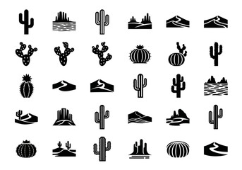 A comprehensive set of black glyph icons representing various types of cacti and desert landscapes, including saguaro, dunes, and mesas for design projects © John