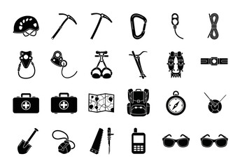 Set of black glyph icons for mountaineering and rock climbing equipment. Vector silhouettes representing outdoor adventure and survival gear. 2j (78)
