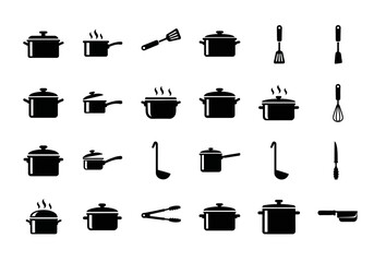 Vector collection of black silhouette cooking icons. A comprehensive set of kitchen utensils including pots, pans, and spatulas isolated on white background