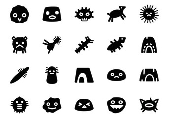 Fototapeta premium Collection of unique black silhouette icons featuring abstract monsters, cute alien characters, and primitive creature symbols