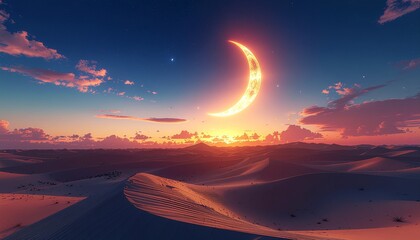 Glowing Crescent Moon Over Desert Dunes at Sunset.
