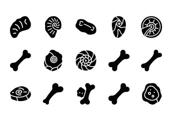 Collection of paleontology solid glyph icons. Set includes ancient fossils, dinosaur bones, ammonite shells, and archeology symbols © John