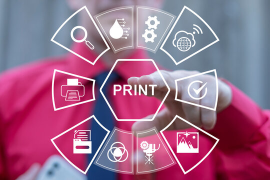 Business person using virtual touch screen presses the word PRINT. Print Printing Business Technology. General Networking Printer Office Polygraphy Paperwork Concept.