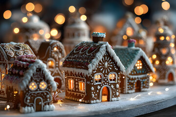 Fototapeta premium Beautiful and cozy Christmas background. Close up of gingerbread houses on table over lights blurred backdrop.