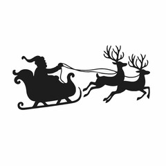 Santa Claus, sleigh, reindeer, Christmas, holiday, winter, silhouette, vector, icon, flying, sky, delivery, gifts, toys, presents, festive, celebration, decoration, graphic, clipart, illustration, mon