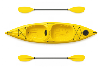 Yellow tandem kayak with paddles, top view, ready for water sports, recreation, and outdoor adventure activities