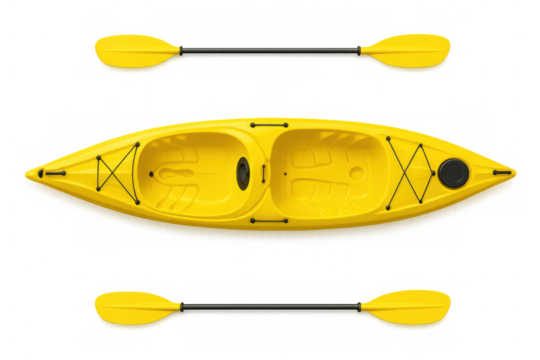 Yellow tandem kayak with paddles, top view, ready for water sports, recreation, and outdoor adventure activities
