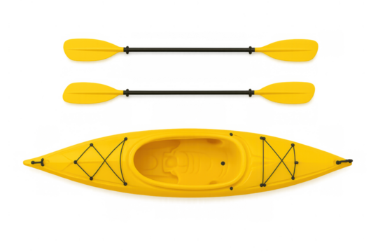 Yellow kayak and paddle, water sport equipment, top view, recreation, isolated object on transparent background