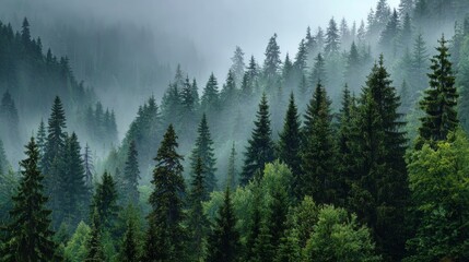 Obraz premium Misty Evergreen Forest Landscape with Pine Trees in Morning Fog
