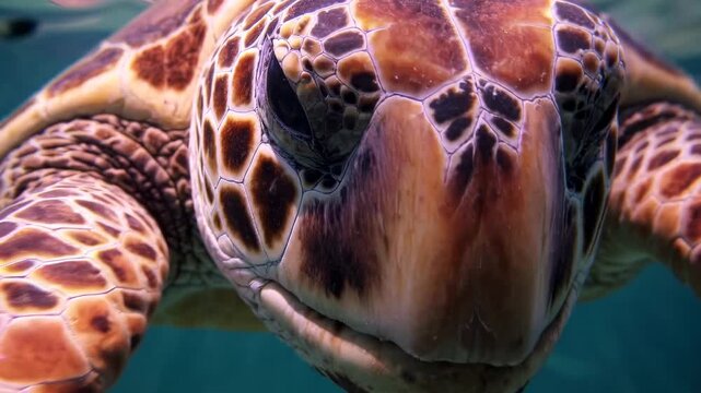 Underwater video shot of a sea turtle swimming gracefully. Captured from a low angle, showcasing the serene ocean environment and natural beauty.