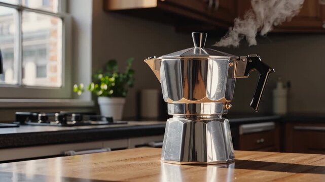 A vintage-style video frame captures a shiny stovetop espresso maker on a wooden kitchen counter, shot from a low angle with warm natural light.