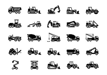 A diverse set of black silhouette icons depicting heavy construction machinery and industrial vehicles, isolated on a white background for design © John
