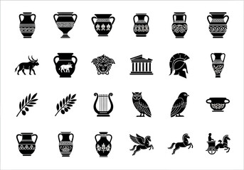 Glyph icon collection of ancient Greek civilization symbols, featuring mythology, culture, and historical artifacts like amphora and lyre