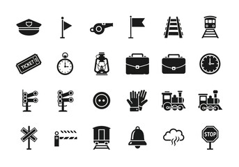 A versatile collection of railway transport vector icons. A glyph set of train station and travel symbols © John