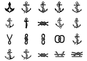 Collection of monochrome nautical symbols, including various ship anchors and marine rope knots. Vector graphic icon set isolated on white