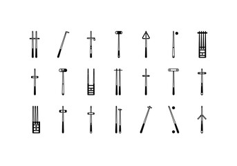 A versatile set of modern line art icons depicting various hand tools and equipment for work, construction, and farming projects