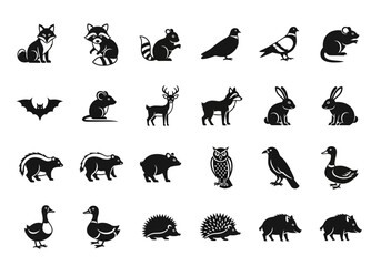Obraz premium A diverse set of monochrome glyph icons featuring various forest and woodland animals. Vector silhouettes of wildlife for design projects