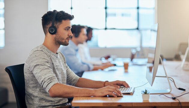 Focused Young Man Working with Headphones in Modern Office