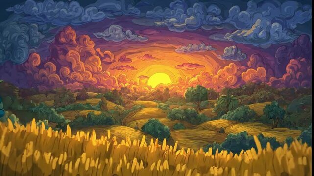 Animated impressionist painting of a vibrant sunset over a wheat field.