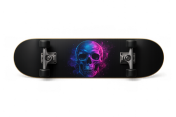 Skateboard displaying a vibrant, glowing neon skull graphic in blue and pink tones on its black deck, representing youth culture and freedom