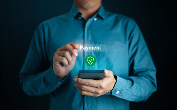 Secure online payment, Digital banking, Payment successful, Fintech solutions for seamless transactions and data protection, Online banking, Businessman authorizes an online payment