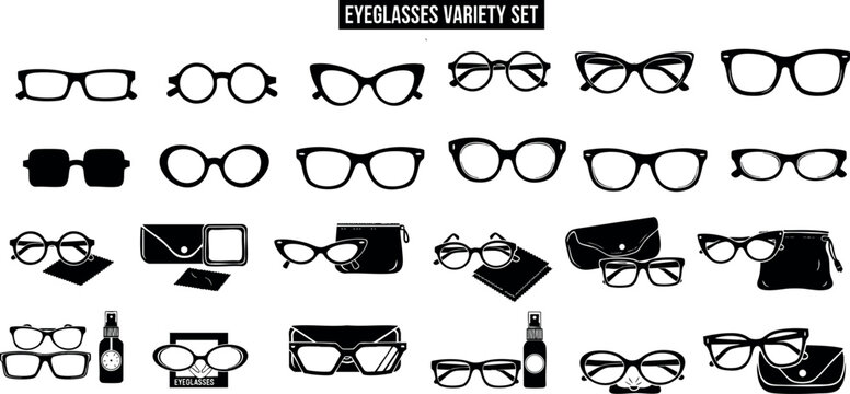 Eyeglasses variety set with classic round, square, cat eye, and aviator frames including eyewear cases and accessories vector illustration 