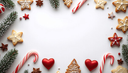 Obraz premium Festive Christmas Border with Gingerbread and Candy Canes Border, with copy space
