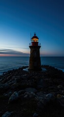 Obraz premium A historic coastal navigation beacon standing watch over the darkening ocean waves during the beautiful blue hour of twilight ,rugged ,nightfall ,architecture