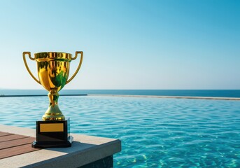 A shiny golden award trophy rests on the edge of a stunning infinity pool, symbolizing success, achievement, and a well-deserved luxury vacation ,exotic ,swimming ,reflection