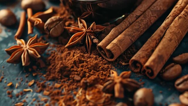 Colorful assortment of spices on a dark surface, including cinnamon sticks and star anise.