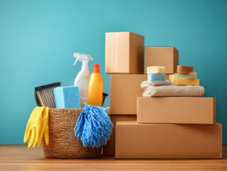 Move concept. Cardboard boxes and cleaning things for moving into a new home