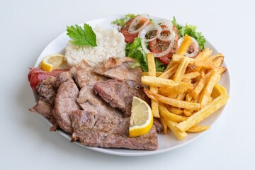 Savored beef with crispy sides, Juicy grilled meat served with rice and crunchy potato fries, Savory beef slices alongside fluffy rice and crispy fried potatoes on plate