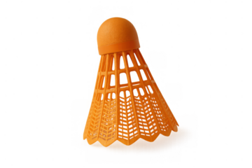 Orange plastic badminton shuttlecock for playing sport. Game equipment against transparent background