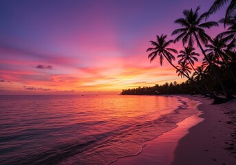 Obraz premium Spectacular tropical sunset over the calm ocean water. Vibrant pink, orange, and violet skies backlight silhouetted palm trees along the coastline ,nature ,coastline ,summer